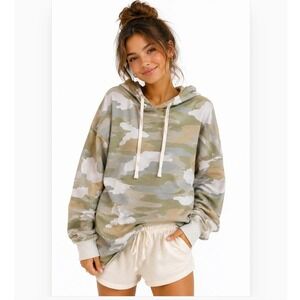 Aerie Hoodie Women Small Green Tan Camo French Terry Side Slit Granola Girl